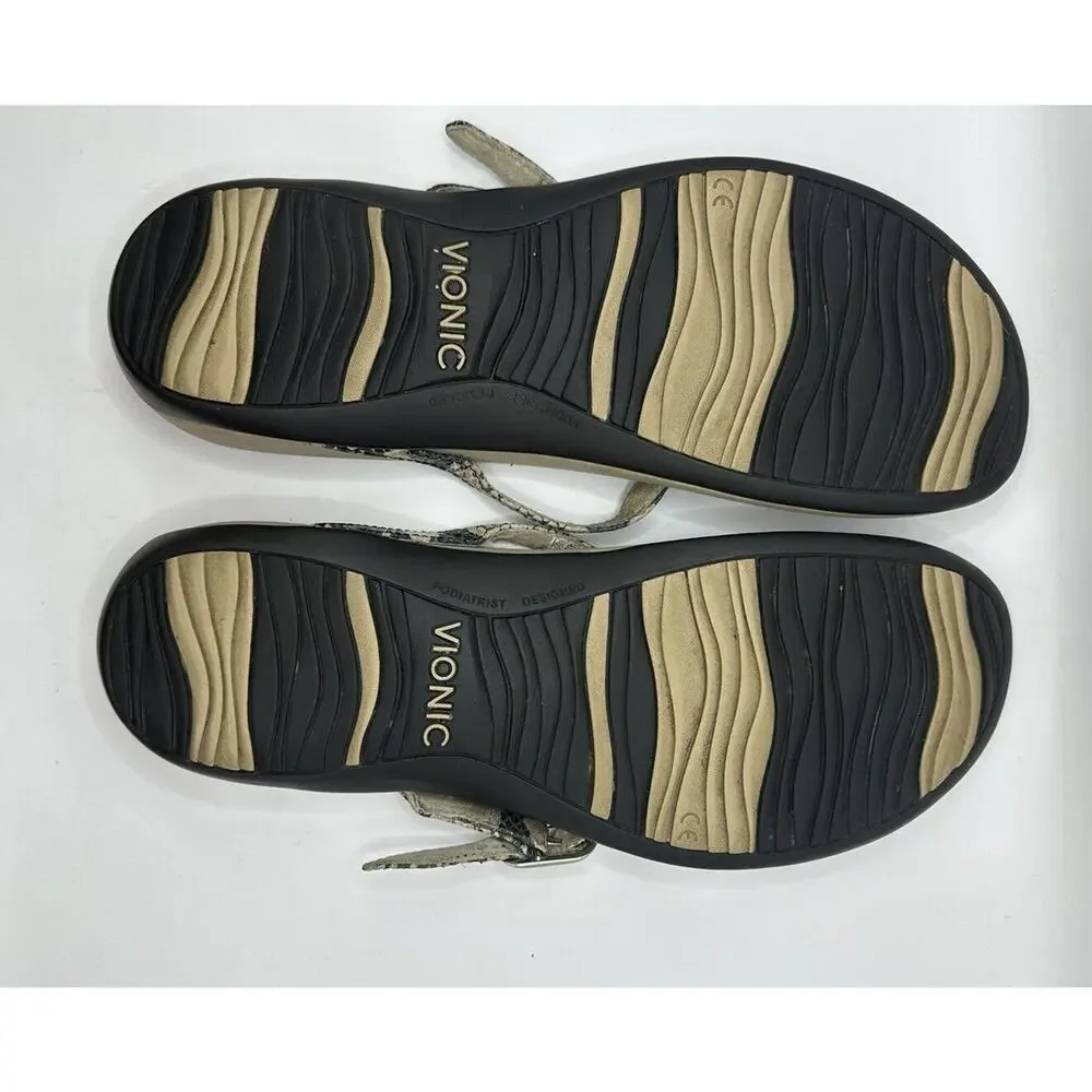 Vionic Women's Karina Sandals Size 10 Snakeskin Leather Silver Comfort Thong
